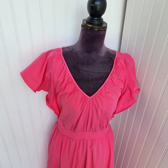 Ann Taylor Pink Poplin Flutter Sleeve V Neck Midi Dress Pockets Cotton Blend 4 - Picture 2 of 13